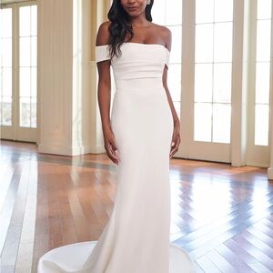 Off-the-Shoulder Stretch Crepe Fit and Flare Wedding Gown